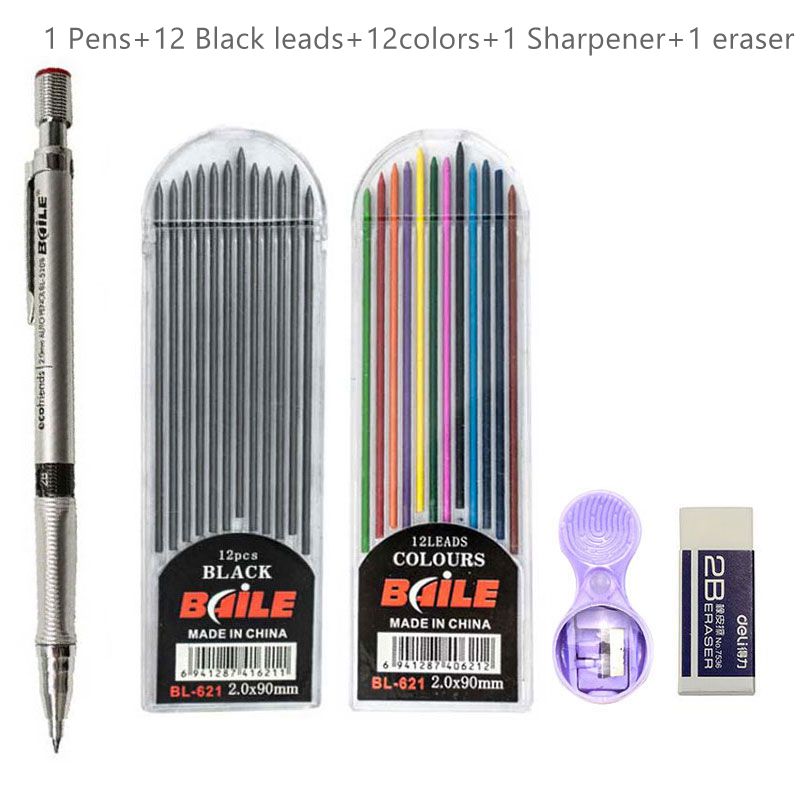 2.0mm Mechanical Pencil Set 2B Automatic Pencils with Color/Black Lead Refills for Draft Drawing, Writing, Crafting, Art Sketch
