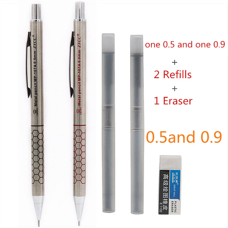 2PCS/Lot High quality metal mechanical pencil 0.5 0.7 0.9mm refills Office school student writing painting stationery