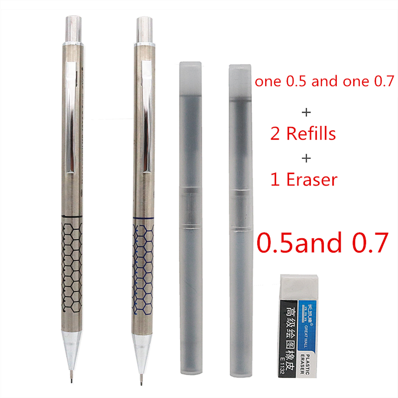 2PCS/Lot High quality metal mechanical pencil 0.5 0.7 0.9mm refills Office school student writing painting stationery